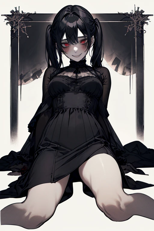 Top Quality, (background detailed), (on top of man), looking down, view from below, full body, spread legs, slip, high contrast, super beautiful girl, detailed original illustration, sensual, delicate face, attractive, bad girl, sexy, looking at camera, real breasts, twintails, stalker, Crazy Smile, Crazy Eyes, Heads Up, Pale Skin, Bloody, Black Hair, Yandere, Mine Girl, ta, Blood Makeup, Red, Black Background, (Black Background: 1. 5), Beautiful Line Drawing