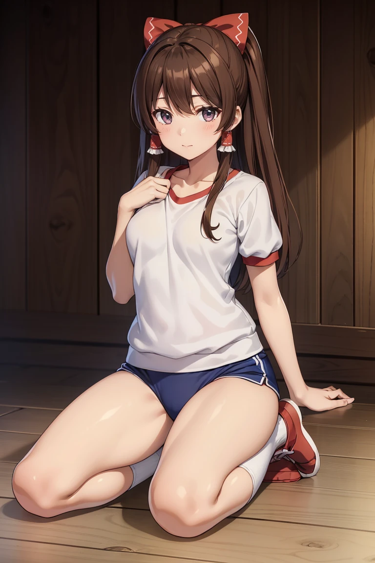 Reimu Hakurei, (Brown eyes:1.5), Brown Hair, bow, hair bow, Hair Tube, Long Hair, red bow, Side Lock, (((Slender body)))、(Navy blue cuffs and white short-sleeved gym uniform)、(Navy Blue Bloomers)、(
barefoot)、Navy blue socks、sports boots、Ground、Schoolyard、Sexy pose、sit、
BREAK Watch Viewers,blush、
Full Body Shot,Smile Break (masterpiece:1.2), Highest quality, High resolution, unity 8k wallpaper, (figure:0.8), (Beautiful attention to detail), Highly detailed face, Perfect lighting, Highly detailed CG, (Perfect hands, Perfect Anatomy)