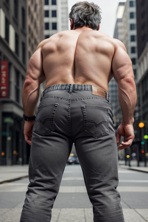 Mature man, very handsome, best quality, shirt formal, hairy chest , masterpiece, super high resolution, detailed background, reality, , single, 1 boy, muscle man, beard, in the city, muscle, facial hair, volumetric lighting, depth of field, wheezing, raised crotch, handsome action, big dynamics, ((full body)), (((shirtless )))(((dark gray jeans))) lay down view from behind  bent over, Big butt 