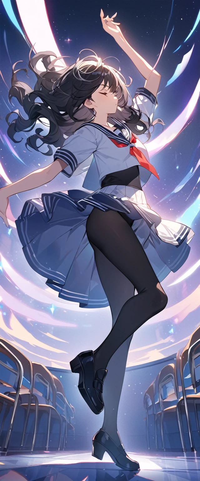 BREAK Perfect Anatomy、Highest quality、(cute:1.1)、(cute)、(High resolution:1.2)、Unbelievably absurd:1.3、Incredible illustrations、(cuteイラスト:1.2)、(Beautiful background、evening、classroom)、1gial(Black Hair、strong wavy hair、mole under eye)(Sailor suit)(Dance with your eyes closed)(expressionless、dancing)(low angle full body shot)