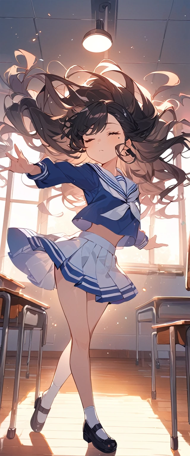 BREAK Perfect Anatomy、Highest quality、(cute:1.1)、(cute)、(High resolution:1.2)、Unbelievably absurd:1.3、Incredible illustrations、(cuteイラスト:1.2)、(Beautiful background、evening、classroom)、1gial(Black Hair、strong wavy hair、mole under eye)(Sailor suit)(Dance with your eyes closed)(expressionless、dancing)(low angle full body shot)