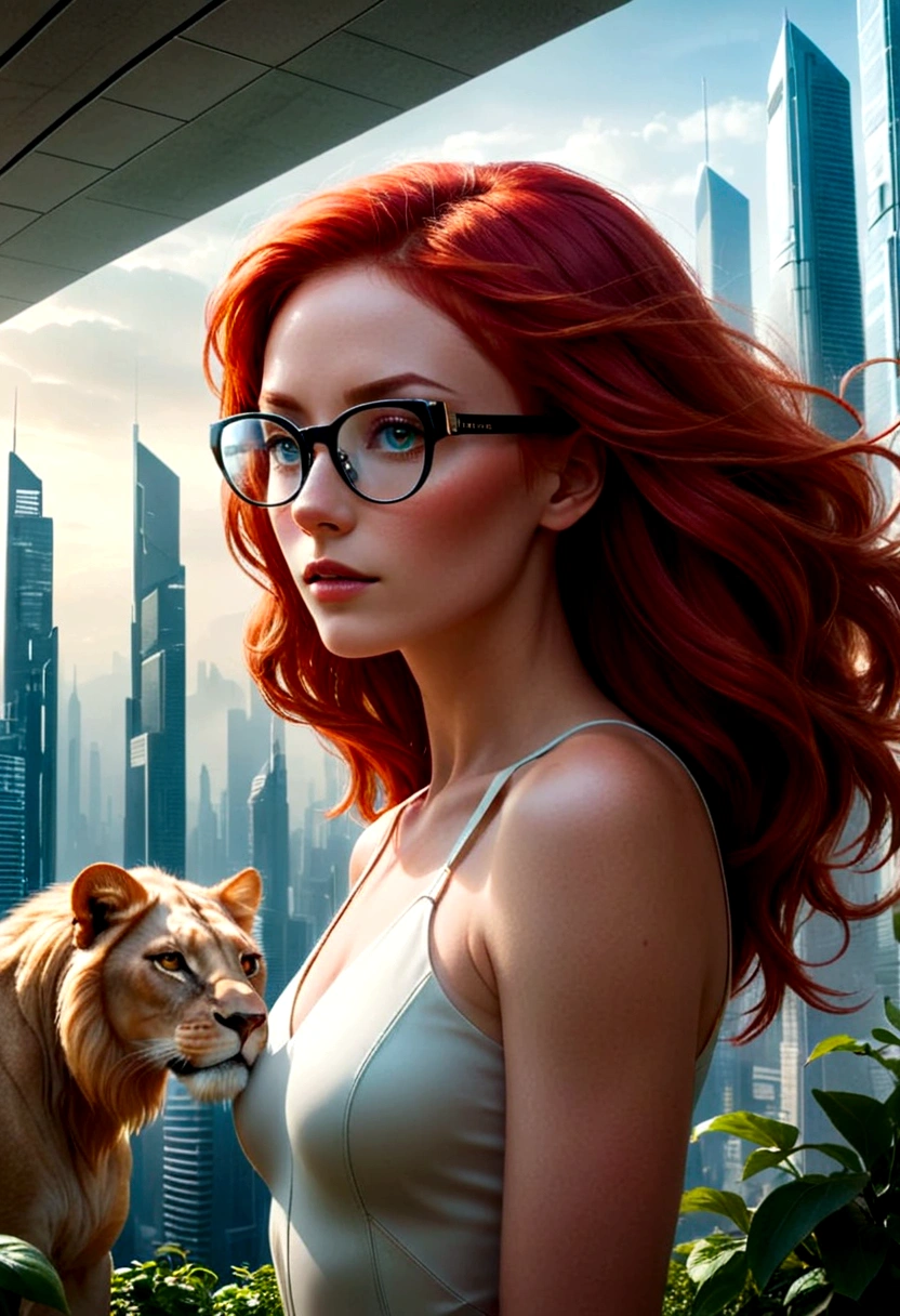 Imagine a futuristic dimension where technology and nature coexist in spectacular harmony. In the center of this dazzling scene, A perfect woman catches your attention immediately. Her red hair shines brightly under the artificial light, contrasting with the urban landscape in the background. Seus olhos amarelos, unusual and mesmerizing, radiate sharp intelligence and unshakable confidence. She wears prescription glasses with elegant frames, that further accentuate its aura of sophistication. next to her, an imposing lion rests majestically, his golden mane reflecting the soft light of the room. The animal exudes a powerful and protective presence, his eyes fixed on the horizon as if he held secrets from past and future ages. The symbiosis between the woman and the lion creates an atmosphere of mutual respect and admiration, a combination of strength and grace that is both inspiring and intimidating. The surrounding scene is of a futuristic city with skyscrapers made of translucent materials that glow in different tones as the light changes.. Hanging gardens and airways with silent moving vehicles complete the urban landscape. The air is filled with a sense of progress and hope, mixed with the calm presence of nature, which appears to have been carefully integrated into the urban environment. This image conveys a strong feeling of empowerment and timeless beauty.. The red-haired woman, with your guardian lion, symbolizes the perfect fusion between the old and the future, between humanity and nature, evoking both reverent respect and profound fascination. It represents a future where strength and intelligence go hand in hand., protected by the majesty of nature.