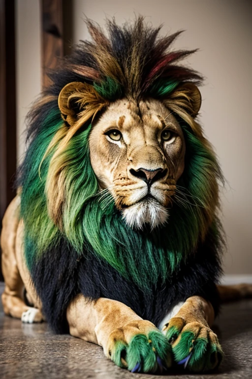 Atlas Lion with green mane and red head 