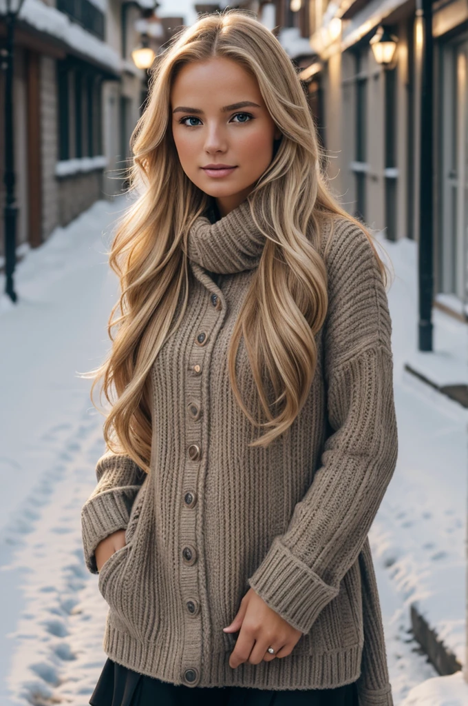 proFessional portrait photograph oF a gorgeous Norwegian girl in winter clothing with long wavy blonde hair, sultry Flirty look, gorgeous symmetrical Face, lindo maquillaje natural, wearing elegant warm winter Fashion clothing, ((parado afuera en una calle nevada de la ciudad)), impresionante entorno urbano moderno, ultra realista, arte conceptual, elegant, muy detallado, Intrincado, sharp Focus, depth oF Field, F/1. 8, 85mm, Tiro medio, plano medio, (((proFessionally color graded))), bright soFt diFFused light, (volumetric Fog), tendencia en instagram, hdr 4k, 8k