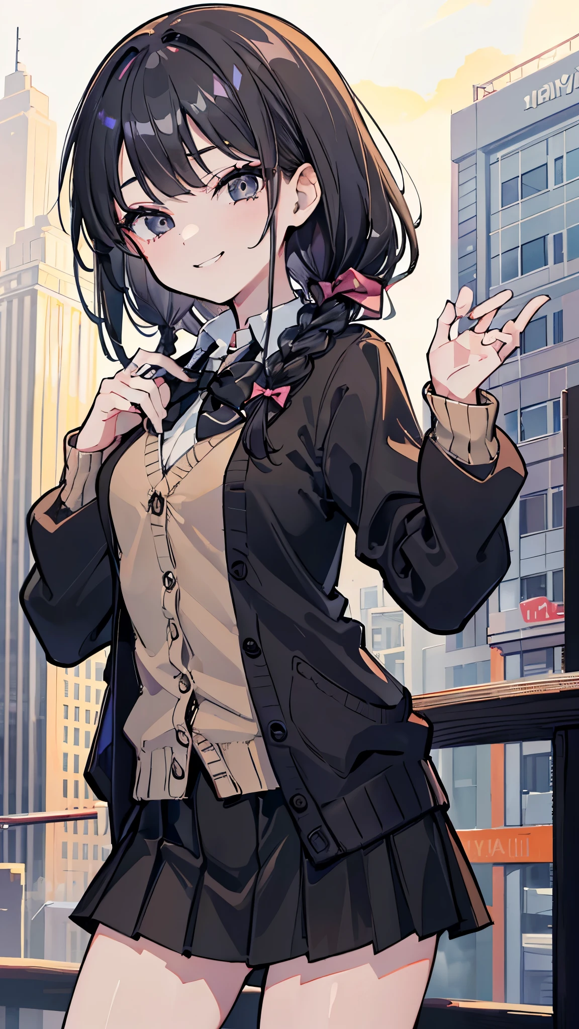 (8K、Best image quality、Highest quality、masterpiece)、Detailed face、 One girl、Black Hair、Long Hair、Braiding、Grey Eyes、evil smile、Small breasts、A bow tie、((gray cardigan))、((Black pleated skirt))、((micro miniskirt))、Cowboy Shot、City Background