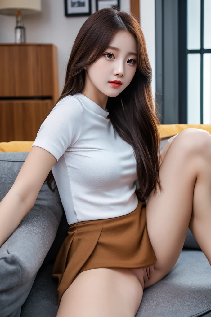 a 20 year old woman is the most beautiful actress in the world, the perfect proportions of her body, tight formal shirt is worn on her upper body and nothing is worn on her lower body but short skirt, her detailed genitals of her naked lower body, two pairs of her labia between her opened legs, her anus under her vagina, she is sitting on a sofa of the living room, nsfw, best quality, highly detailed, masterpiece, ultra high res, photo realistic, 8k