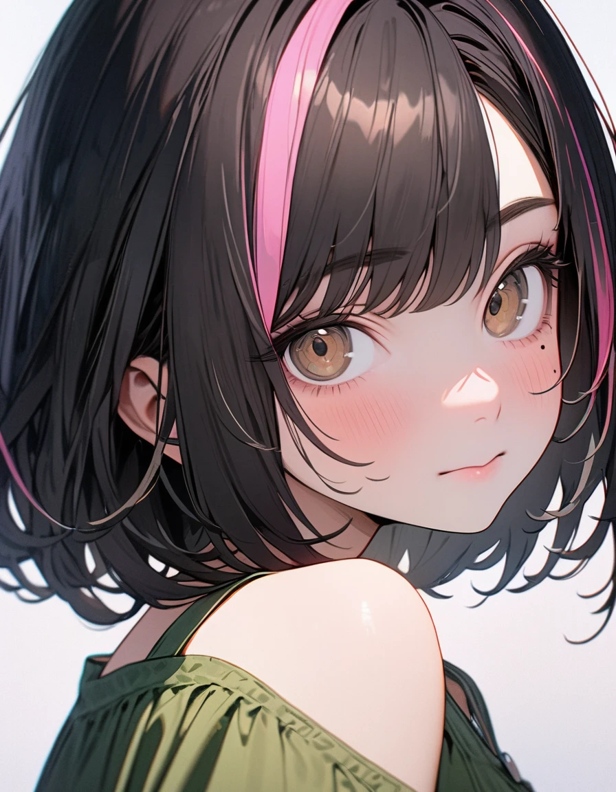 (8K,4K,best quality, master piece: 1.2), super high resolution,1 Beautiful woman,16yo,ultra-detailed face, detailed eyes,mascara,brown eyes,(mole under eye),:>,green Camisole blouse,(black hair, pink streaked hair),bob cut,looking at viewer,Portrait,(Plain white background)
