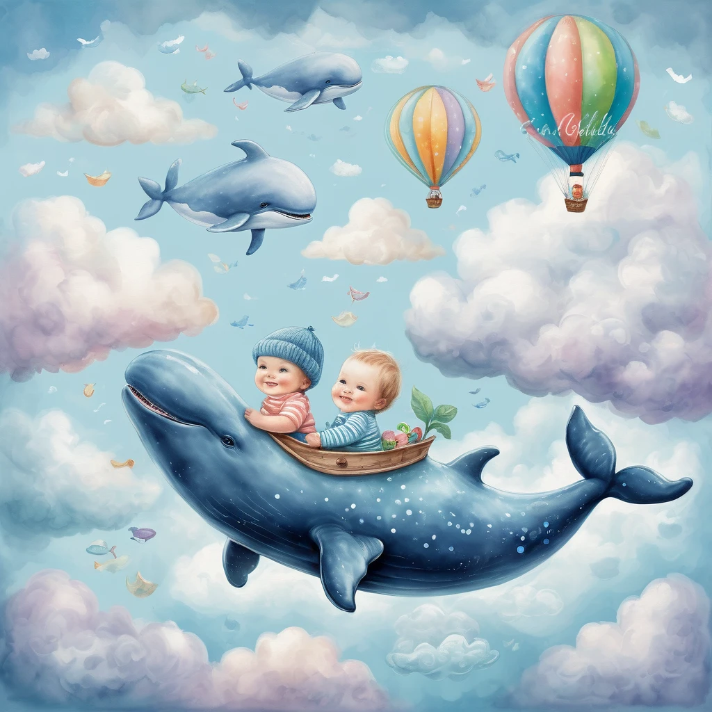 cute baby whales in the clouds, baby riding whale in the clouds, best quality, colorful, enchanting, whimsical
