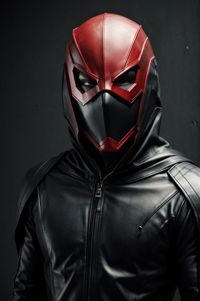 A super hero who has a black leather suit, with red details, have a mask that covers your entire head, have completely black eyes 