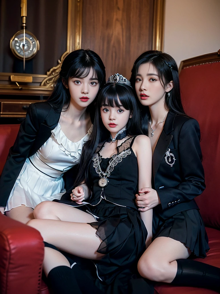 ((1-person)) One woman, 14 years old, (((black tuxedo suit with lace, ruffles and chiffon))), (((flared mini skirt))), (((red-black hair))), (((thick bangs))) , (((princess cut))), (((double tail, double drill))), (((black lace knee-high socks))), (((pocket watch, high tea, chess))), very deep depth of field, dramatic and very dark cinema lighting, round face, very large dark gray jewel-like eyes, long eyelashes, thin nose, medium lips, very expressive lips, red lipstick, eyeliner, fair skin without blemishes, slim body, (((very realistic photos) )), (((16K, high resolution))), (((UHD))), (((highest quality))), (((masterpiece))), (((super detail ))), (( (anatomically correct))).