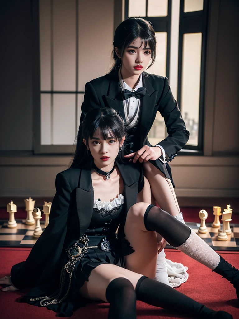 ((1-person)) One woman, 14 years old, (((black tuxedo suit with lace, ruffles and chiffon))), (((flared mini skirt))), (((red-black hair))), (((thick bangs))) , (((princess cut))), (((double tail, double drill))), (((black lace knee-high socks))), (((pocket watch, high tea, chess))), very deep depth of field, dramatic and very dark cinema lighting, round face, very large dark gray jewel-like eyes, long eyelashes, thin nose, medium lips, very expressive lips, red lipstick, eyeliner, fair skin without blemishes, slim body, (((very realistic photos) )), (((16K, high resolution))), (((UHD))), (((highest quality))), (((masterpiece))), (((super detail ))), (( (anatomically correct))).