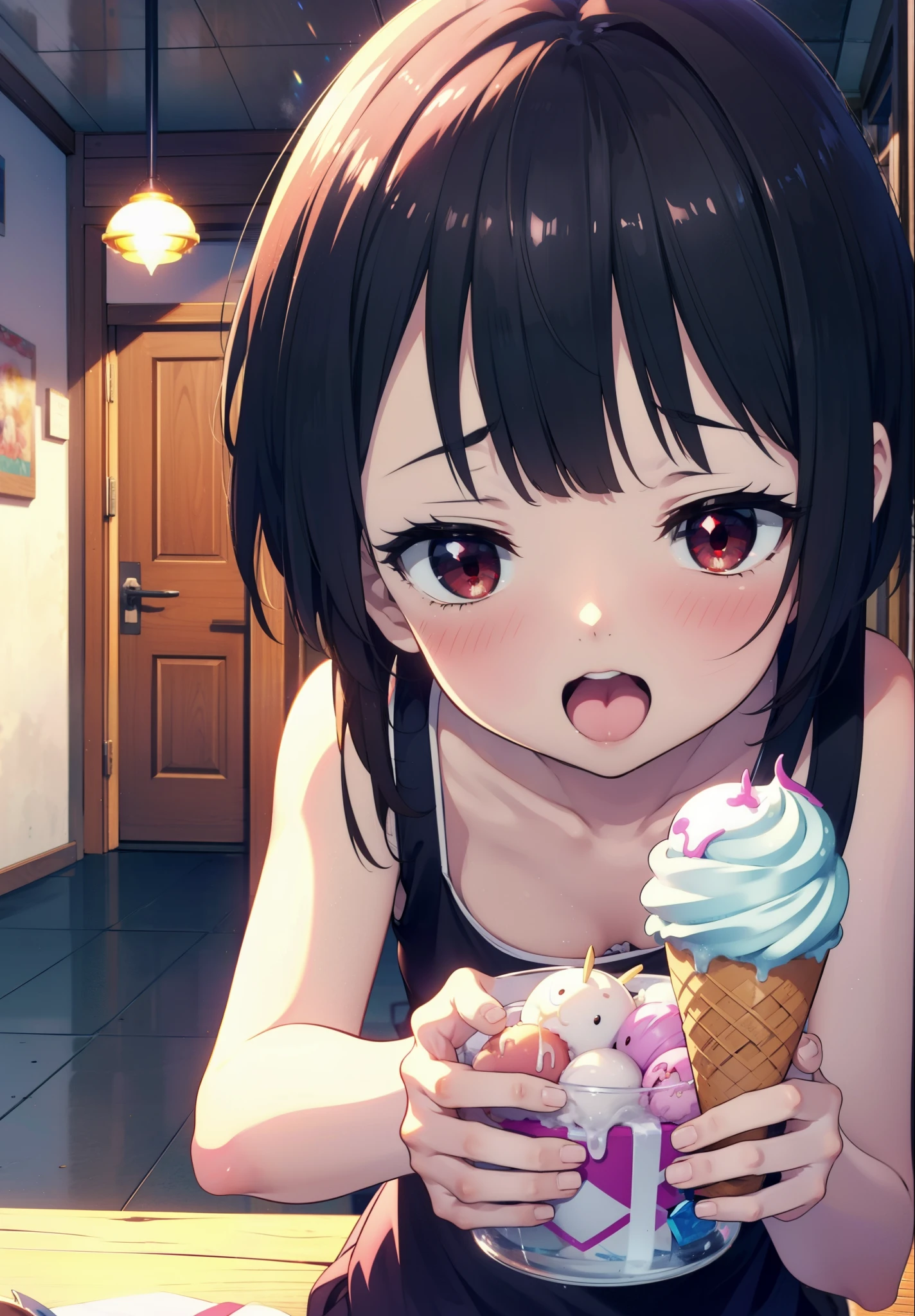 konosubaMegumin, Megumin, short hair, Black Hair, (Red eyes:1.3), short hair with long locks,happy smile, smile, Open your mouth,Tank top shirt with open mouth,Shorts,barefoot,barefoot,Holding and eating ice cream with right hand,Sitting on the sofa,whole bodyがイラストに入るように,morning,morning陽,The sun is rising,
break indoor, room,
break looking at viewer,whole body, (Cowboy Shot:1. 5)
break (masterpiece:1.2), Highest quality, High resolution, unity 8k wallpaper, (figure:0.8), (Beautiful attention to detail:1.6), Highly detailed face, Perfect lighting, Highly detailed CG, (Perfect hands, Perfect Anatomy),