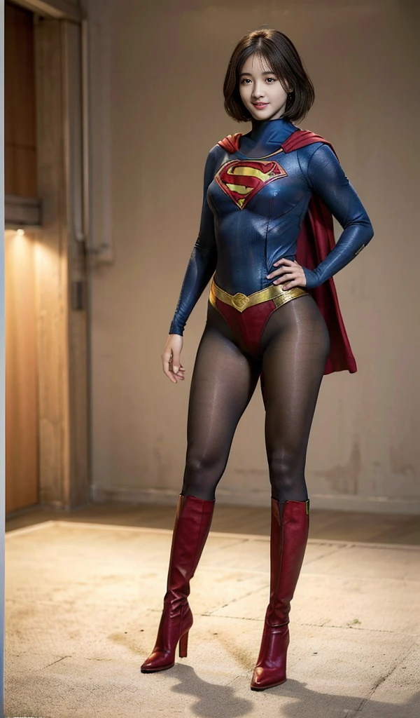 No background、(((Beautiful legs in black tights.)))、(((Legally express the beauty of your smile)))、((((Make the most of your original images)))、(((Supergirl Costume)))、(((Beautiful very short hair)))、(((suffering)))、(((Please wear black tights....、Wear red boots)))、((Best image quality、8K))、((Highest quality、8K、masterpiece:1.3))、(((Preserve background )))、Sharp focus:1.2、Beautiful woman with perfect figure:1.4、Slim Abs:1.2、Wet body:1.5、Highly detailed face and skin texture、8K