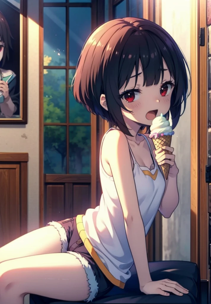 konosubaMegumin, Megumin, short hair, Black Hair, (Red eyes:1.3), short hair with long locks,happy smile, smile, Open your mouth,Tank top shirt with open mouth,Shorts,barefoot,barefoot,Holding and eating ice cream with right hand,Sitting on the sofa,whole bodyがイラストに入るように,morning,morning陽,The sun is rising,
break indoor, room,
break looking at viewer,whole body, (Cowboy Shot:1. 5)
break (masterpiece:1.2), Highest quality, High resolution, unity 8k wallpaper, (figure:0.8), (Beautiful attention to detail:1.6), Highly detailed face, Perfect lighting, Highly detailed CG, (Perfect hands, Perfect Anatomy),