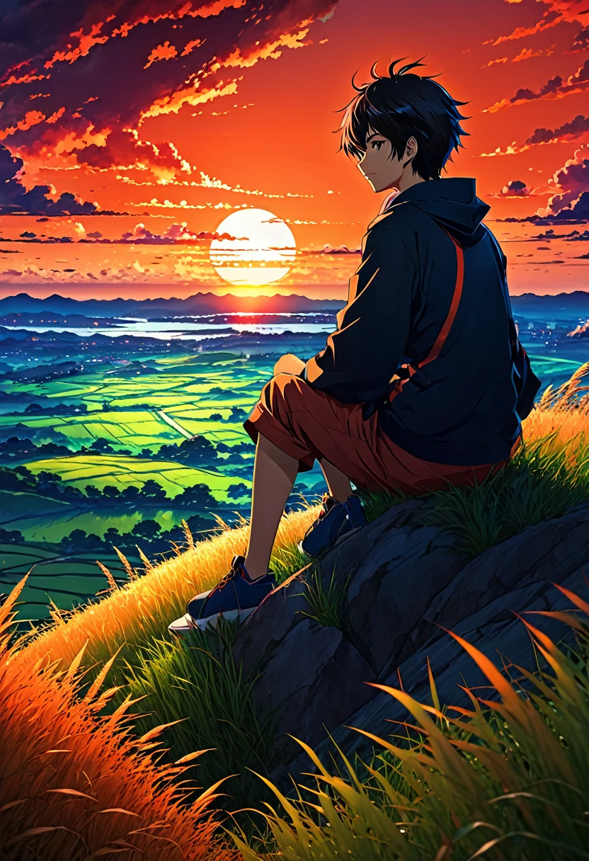 anime landscape of a boy sitting on a hill with grasses, sunset with orange and red hellish clouds, anime nature wallpapers, beautiful anime scene, beautiful anime peace scene, Makoto Shinkai Cyril Rolando, beautiful anime scene, background amazing wallpaper, anime art wallpaper 8k, anime background, art anime background, anime wallpaper 4k, anime art 4k wallpaper, anime art 4k wallpaper,