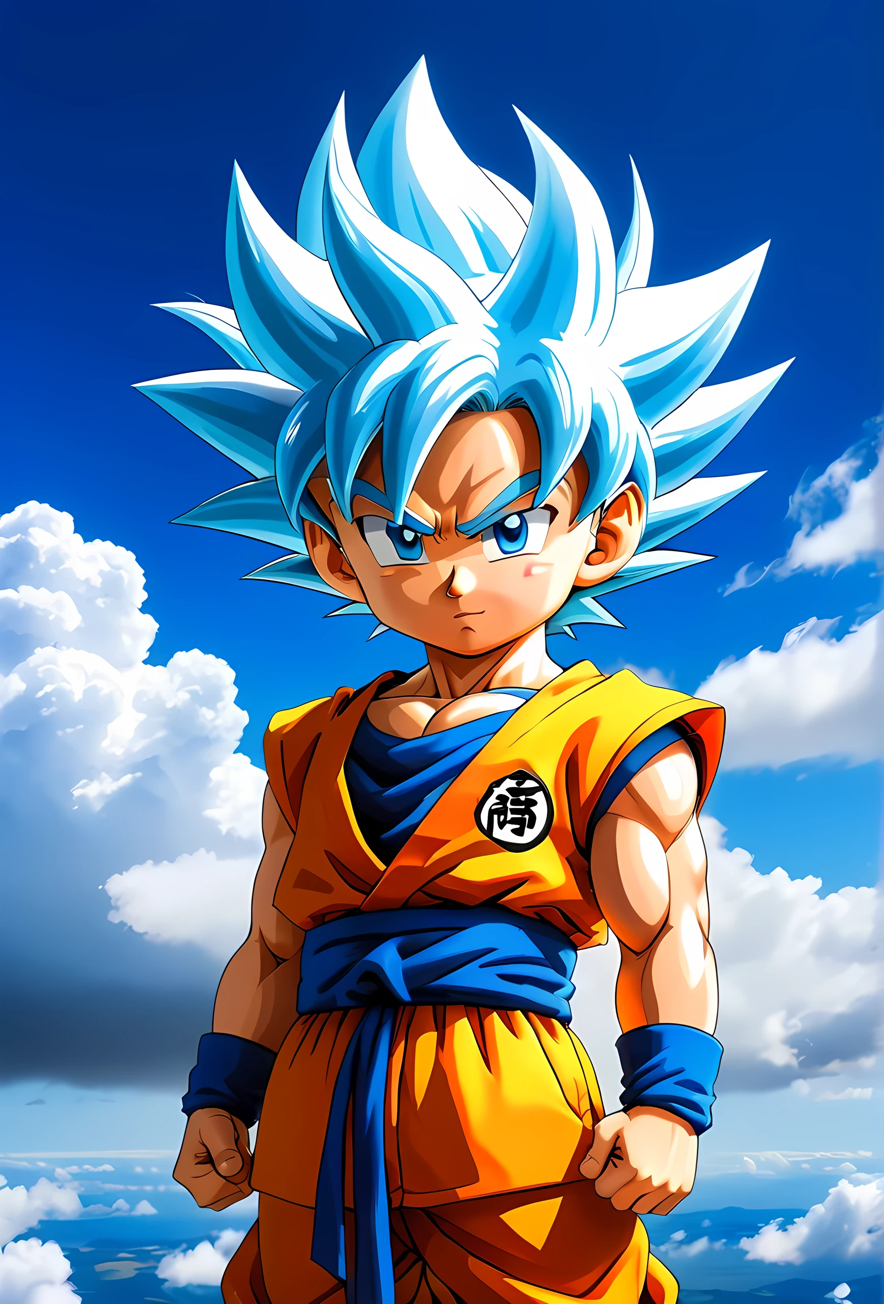 Goku Chibi, 1个boy, Male focus, Super Sayekin, Goku costume, Solitary, sky空, cloud, sky, blue sky空, boy, outdoor, Upper Body, overcast sky空