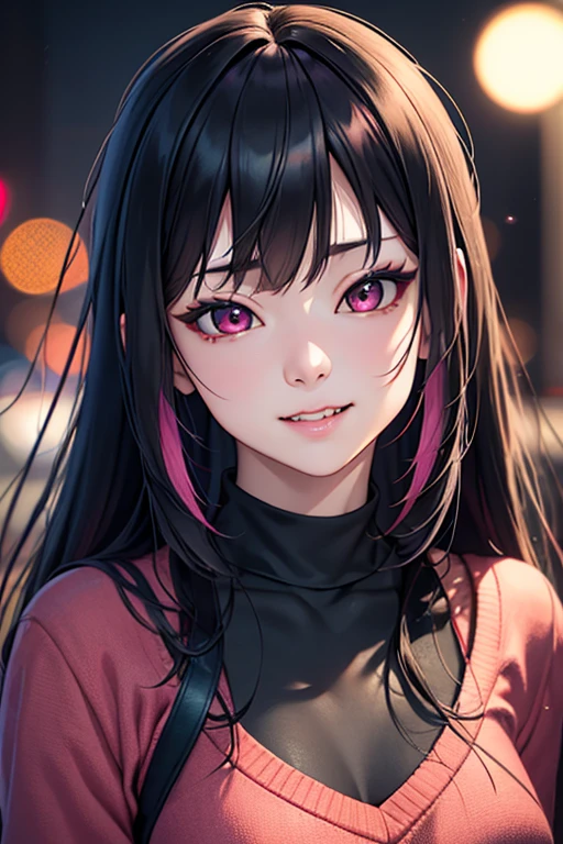 a beautiful 21 year old korean girl, vampire,long slightly waved black hair with pink highlights, sharp rosy eyes, playful smile with fangs, anime realism style, portrait, black and pink sweater (best quality,4k,8k,highres,masterpiece:1.2),ultra-detailed,(realistic,photorealistic,photo-realistic:1.37),HDR,vivid colors,professional,bokeh