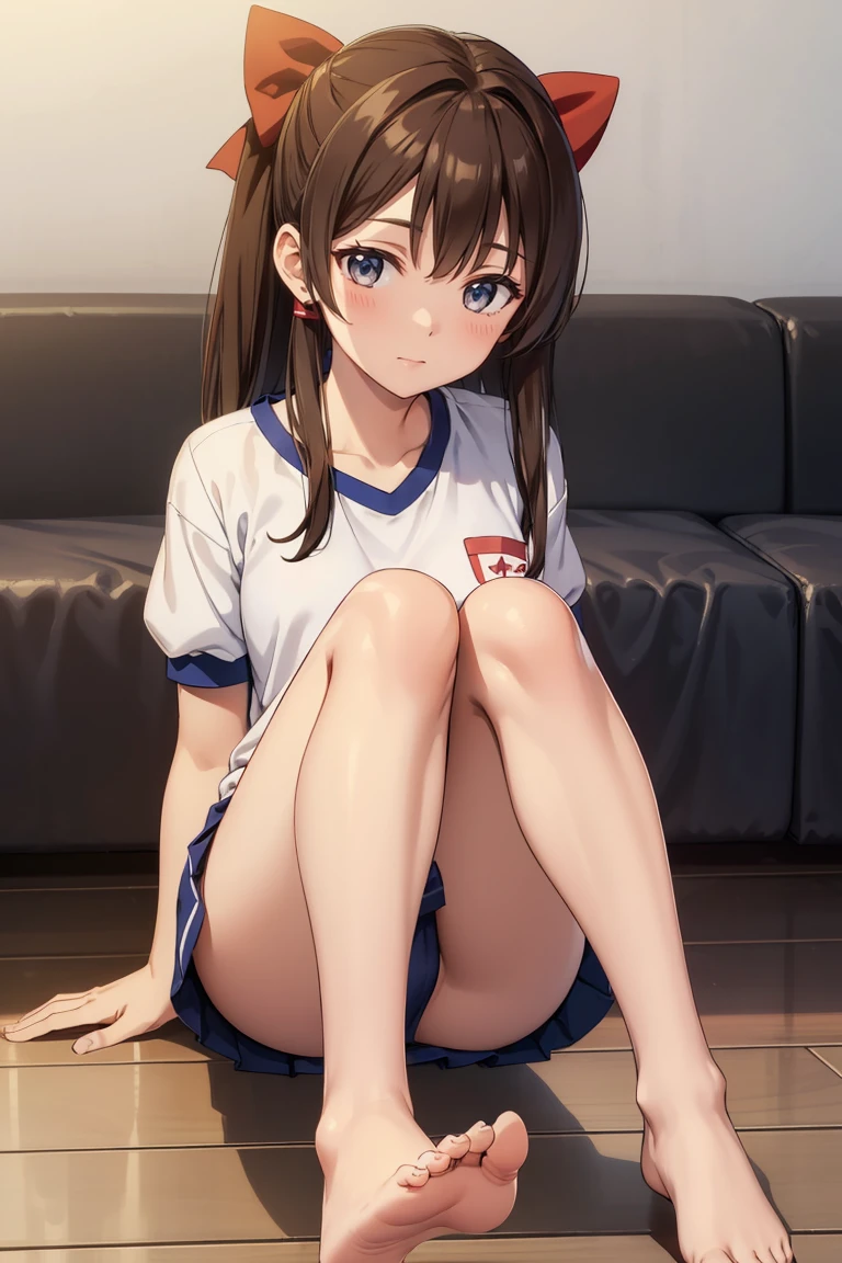 Reimu Hakurei, (Brown eyes:1.5), Brown Hair, bow, hair bow, Hair Tube, Long Hair, red bow, Side Lock, (((Slender body)))、(Navy blue cuffs and white short-sleeved gym uniform)、(Navy Blue Bloomers)、(
barefoot)、Navy blue socks、sports boots、Ground、Schoolyard、 pose、Sit on the sofa、
BREAK Watch Viewers,blush、
Full Body Shot,Smile Break (masterpiece:1.2), Highest quality, High resolution, unity 8k wallpaper, (figure:0.8), (Beautiful attention to detail), Highly detailed face, Perfect lighting, Highly detailed CG, (Perfect hands, Perfect )