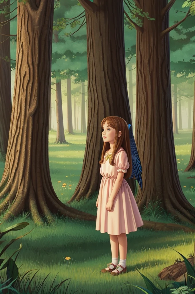 Illustration for a fairy tale about a girl, standing in the forest, who can talk to animals
