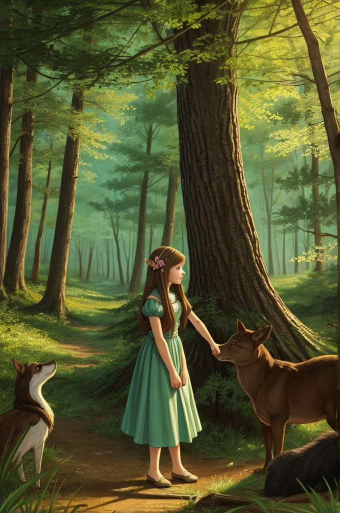 Illustration for a fairy tale about a girl, standing in the forest, who can talk to animals