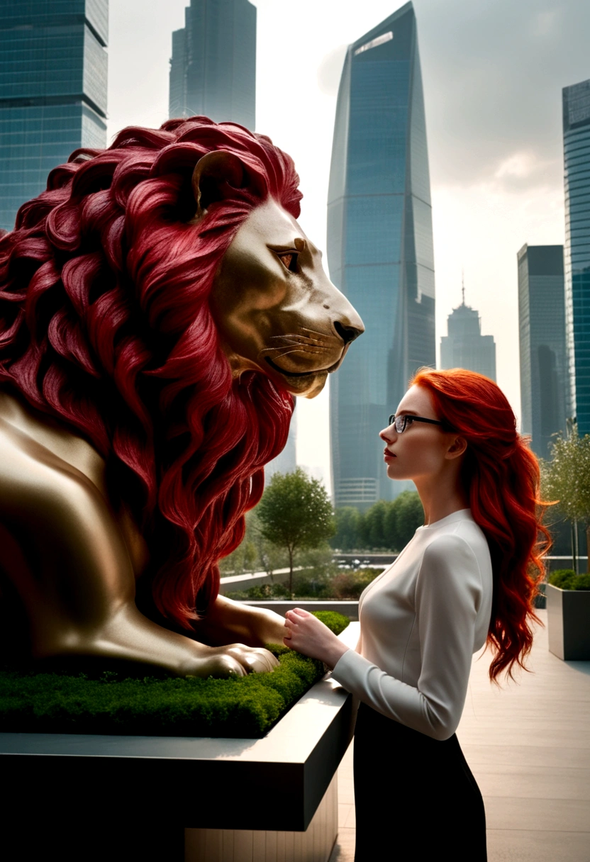Imagine a futuristic dimension where technology and nature coexist in spectacular harmony. In the center of this dazzling scene, A perfect woman catches your attention immediately. Her red hair shines brightly under the artificial light, contrasting with the urban landscape in the background. Seus olhos amarelos, unusual and mesmerizing, radiate sharp intelligence and unshakable confidence. She wears prescription glasses with elegant frames, that further accentuate its aura of sophistication. next to her, an imposing lion rests majestically, his golden mane reflecting the soft light of the room. The animal exudes a powerful and protective presence, his eyes fixed on the horizon as if he held secrets from past and future ages. The symbiosis between the woman and the lion creates an atmosphere of mutual respect and admiration, a combination of strength and grace that is both inspiring and intimidating. The surrounding scene is of a futuristic city with skyscrapers made of translucent materials that glow in different tones as the light changes.. Hanging gardens and airways with silent moving vehicles complete the urban landscape. The air is filled with a sense of progress and hope, mixed with the calm presence of nature, which appears to have been carefully integrated into the urban environment. This image conveys a strong feeling of empowerment and timeless beauty.. The red-haired woman, with your guardian lion, symbolizes the perfect fusion between the old and the future, between humanity and nature, evoking both reverent respect and profound fascination. It represents a future where strength and intelligence go hand in hand., protected by the majesty of nature.