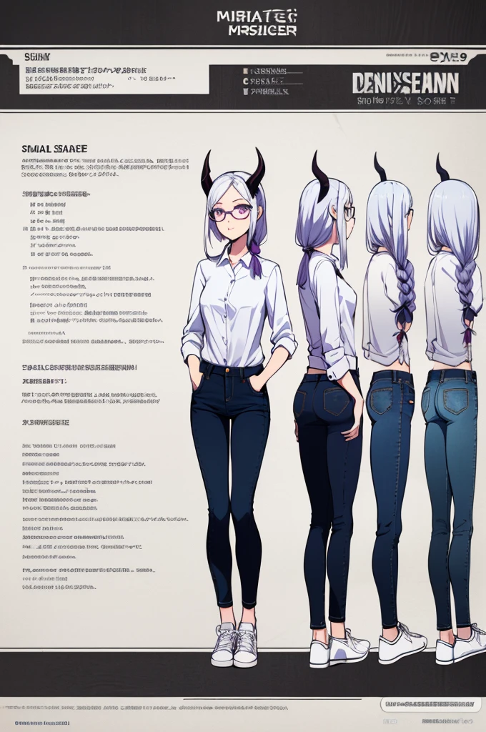 (Masterpiece, best quality), detailed, character sheet, many items (the same person, blouse, jeans pants, lowered blouse, student, academy uniform, glasses, reading glasses, white sneakers, many parts), demon, tiny body, narrow hips, demon girl, detailed beautiful purple eyes, detailed face, white hair and white skin, braided ponytail, demon horns, full of details.