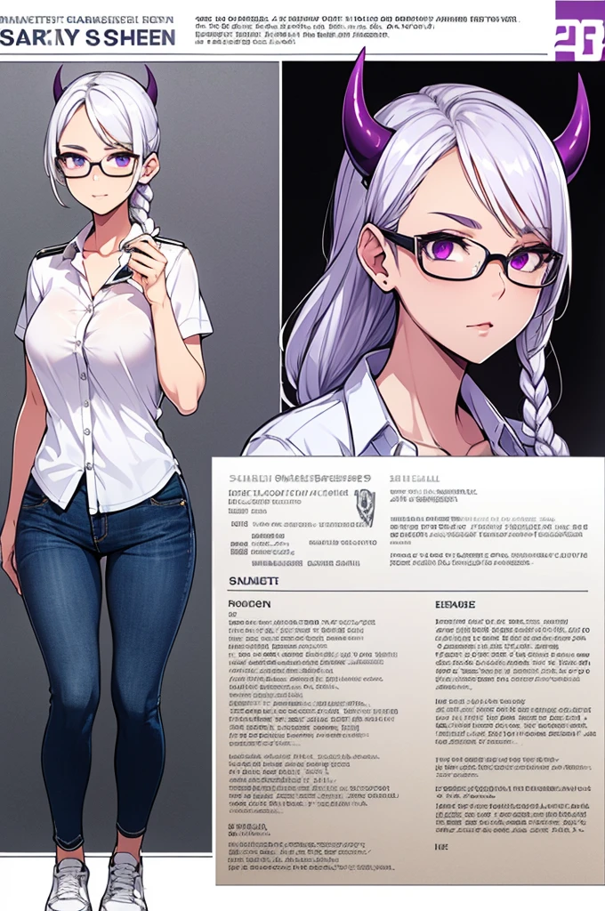 (Masterpiece, best quality), detailed, character sheet, many items (the same person, blouse, jeans pants, lowered blouse, student, academy uniform, glasses, reading glasses, white sneakers, many parts), demon, tiny body, narrow hips, demon girl, detailed beautiful purple eyes, detailed face, white hair and white skin, braided ponytail, demon horns, full of details.