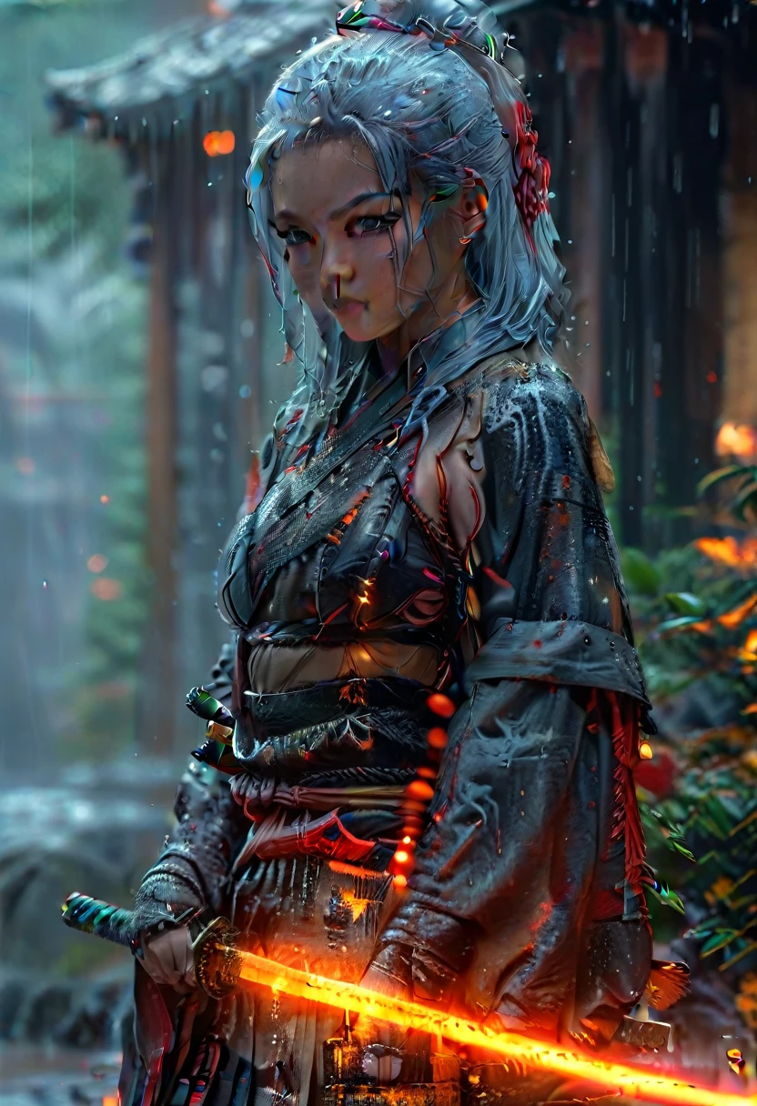 1girl, mature girl, slender, hanging breasts, silver hair, straight_hair, (hard nipples:0.5), tattoo, multicolored hair, black_hakama, side_cutout, black_kosode, white_haori, geta, katana, posing, night, rain, fantasy, (chainsaw man:0.8), photorealistic, ultra quality, ultra detailed, 8k, beautiful, masterpiece