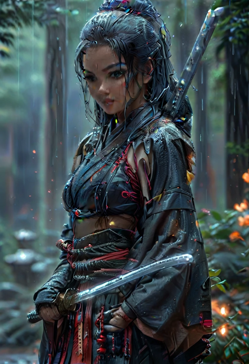 1girl, mature girl, slender, hanging breasts, silver hair, straight_hair, (hard nipples:0.5), tattoo, multicolored hair, black_hakama, side_cutout, black_kosode, white_haori, geta, katana, posing, night, rain, fantasy, (chainsaw man:0.8), photorealistic, ultra quality, ultra detailed, 8k, beautiful, masterpiece