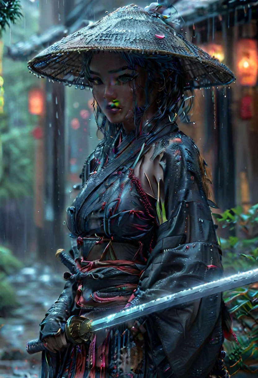 1girl, mature girl, slender, hanging breasts, silver hair, straight_hair, (hard nipples:0.5), tattoo, multicolored hair, black_hakama, side_cutout, black_kosode, white_haori, geta, katana, posing, night, rain, fantasy, (chainsaw man:0.8), photorealistic, ultra quality, ultra detailed, 8k, beautiful, masterpiece