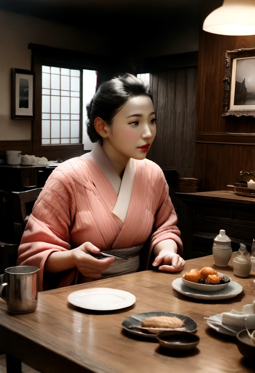 kimono, heart, (8K, RAW Photos, Highest quality, Tabletop: 1.2), (Realistic: 1.6), (Tabletop), (Highest quality: 1.0), (Ultra-high resolution: 1.0), detailed, 40s, One, detailed beautiful skin, detailed room, ,Realistic skin