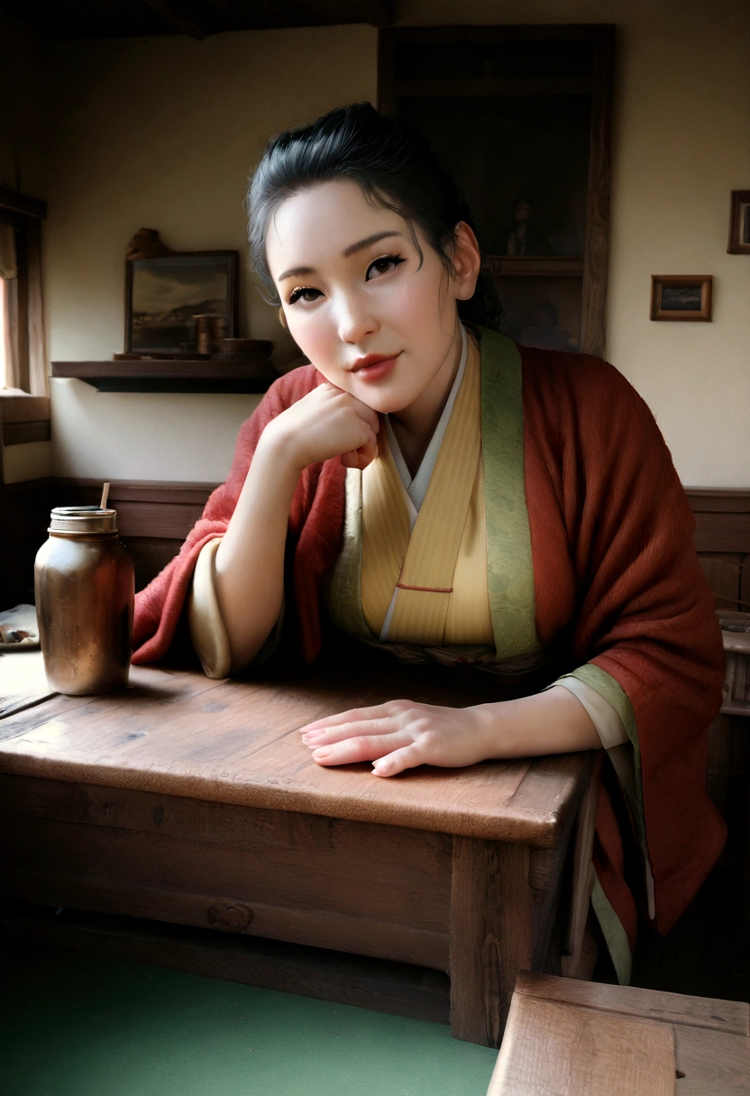kimono, heart, (8K, RAW Photos, Highest quality, Tabletop: 1.2), (Realistic: 1.6), (Tabletop), (Highest quality: 1.0), (Ultra-high resolution: 1.0), detailed, 40s, One, detailed beautiful skin, detailed room, ,Realistic skin
