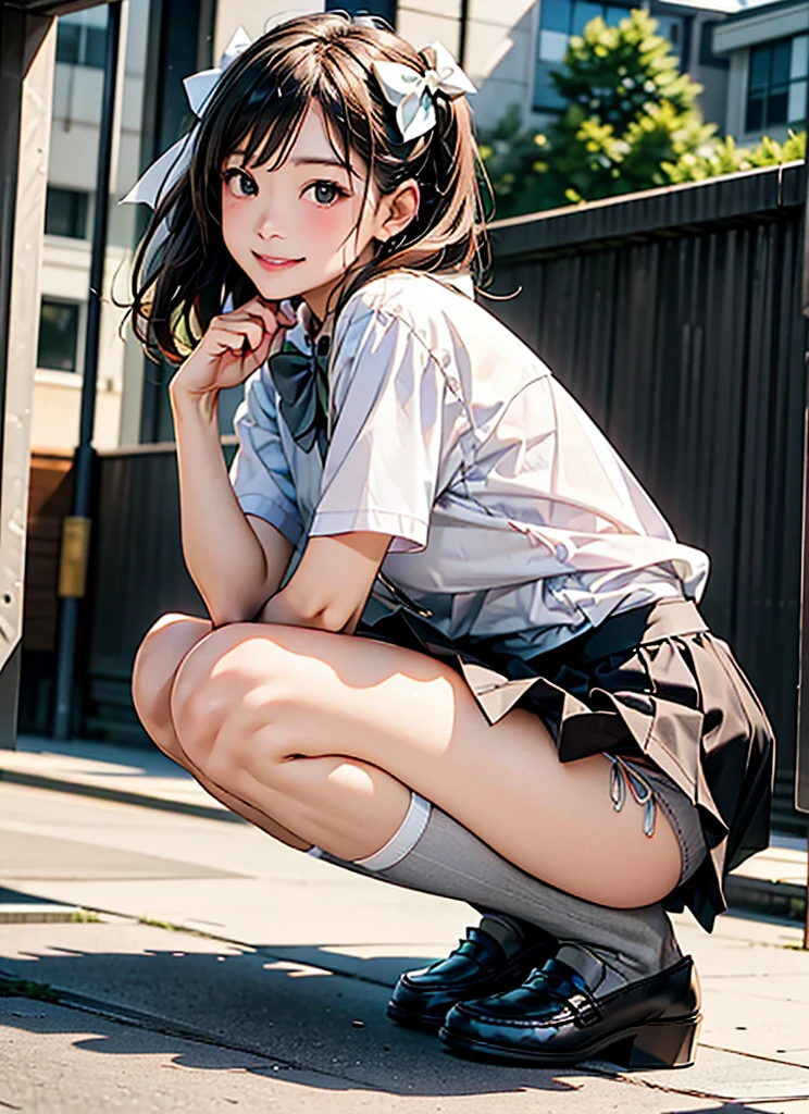 (Realistic, photo Realistic:1.2), ((Highest quality)), Shift the center of gravity backwards, Quite embarrassing, White panties, (Showing panties:1.4),タイトskirt, (Panty shot:1.3), (skirtをまくり上げる:1.3), (Squat:1.4), (Spreading pussy:1.2), Place your heels on the ground, Spread your legs, Squat with your knees up, Attach your butt to the ground, brown penny loafers, Beautiful facial details, Real human skin, Gentle expression, Front view, angle From below, Realistic, photoRealistic, cute, skirt, Squat deep on school grounds, cute school girl, Japanの女子高生の制服, Haruka Hirose、Left 4 Dead Arcade、Japan 、Short Bob、Brown Hair、black eye、Mid-breasted、((White short sleeve shirt、Grey bow tie、グレーのチェック柄skirt、プリーツskirt、White High Socks、Brown leather shoes):1.5)、JK Uniform、Frayed uniform、cute女子高生, whole body,smile, 自然なsmile, cutesmile, 魅惑的なsmile, (Looking at the audience:1.2), from before, From below, from the front、White pantiesを見せつけている