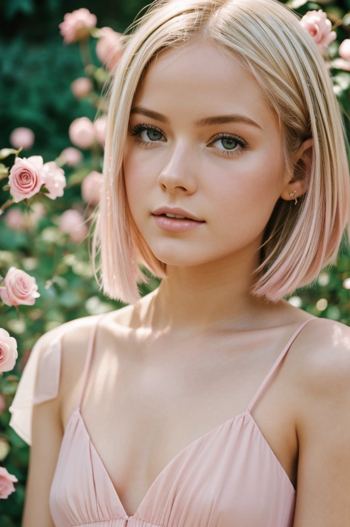 8k, photo and gross, fujifilm, Style photography of a beautiful young girl like Avril in a light pink rose garden. (very detailed skin: 1.2) Style-Petal BREAK short hair, blonde hair with colored highlights, wearing a dress, film grain, 35mm, beautiful style