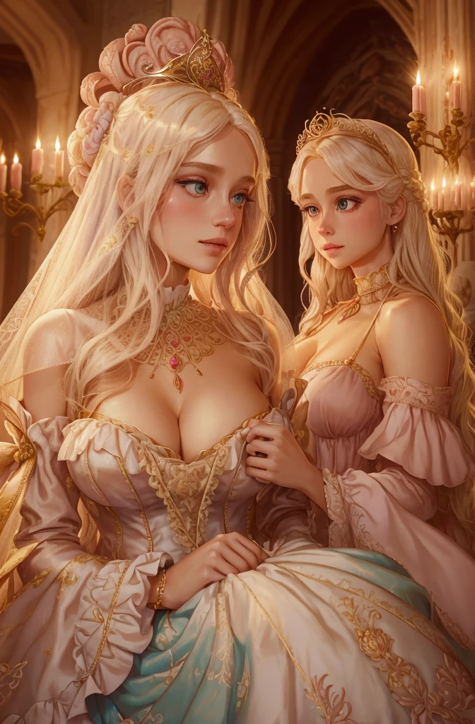 White Blonde hair, fluffy hair, stylish hair, long hair, lilac eyes, perfect eyes, beautiful, perfect face, tween, , short, kind, curvy, a flowing pale airy gown with ruffles along the bottom with tiny pink flowers and gold dragon embroideries with flowers, Her tiara had a pretty teal gemstones, silver necklace, noble class, royal, royalty, red castle, feasting hall, medieval, elegant surroundings, soft dewy makeup look, light peach blush, soft tan eyeshadow, light coral lipstick, cutesy, girlish, girly, guileless, ingénue, princess , whimsical lighting, Targaryen, dragons in the sky, photorealistic
