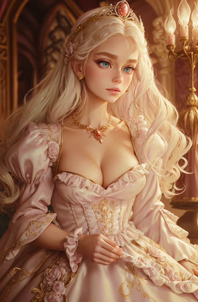 White Blonde hair, fluffy hair, stylish hair, long hair, lilac eyes, perfect eyes, beautiful, perfect face, tween, , short, kind, curvy, a flowing pale airy gown with ruffles along the bottom with tiny pink flowers and gold dragon embroideries with flowers, Her tiara had a pretty teal gemstones, silver necklace, noble class, royal, royalty, red castle, feasting hall, medieval, elegant surroundings, soft dewy makeup look, light peach blush, soft tan eyeshadow, light coral lipstick, cutesy, girlish, girly, guileless, ingénue, princess , whimsical lighting, Targaryen, dragons in the sky, photorealistic
