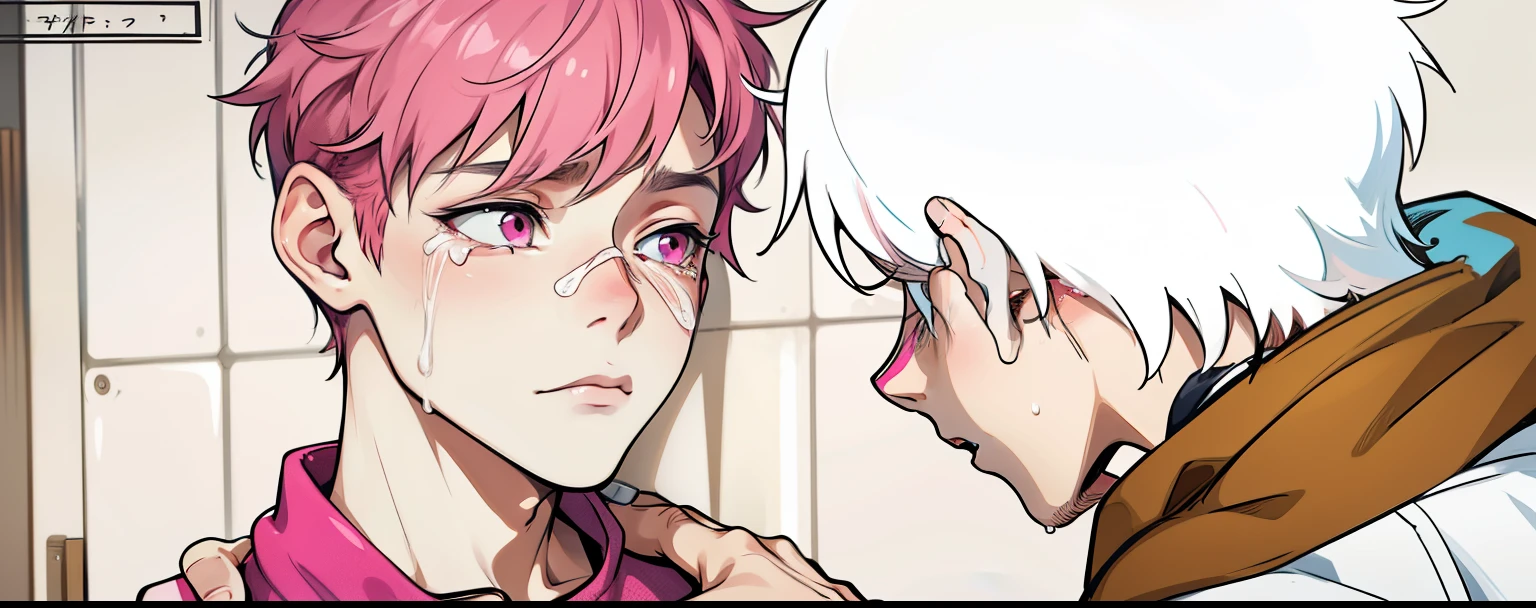 cute 14 year old boy pink hair pink eyes he is scared he is afraid, He has some tears on his face, he puts his hand on his shoulder, comforting him.
