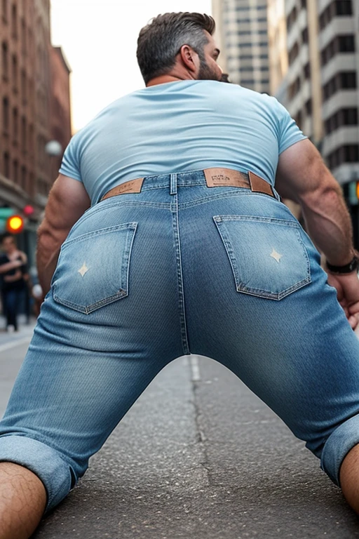 Mature man, very handsome, best quality, shirt formal, hairy chest , masterpiece, super high resolution, detailed background, reality, , single, 1 boy, muscle man, beard, in the city, muscle, facial hair, volumetric lighting, depth of field, wheezing, raised crotch, handsome action, big dynamics, ((full body)), (((shirtless )))(((light blue jeans))) lay down view from behind  bent over, Big butt 