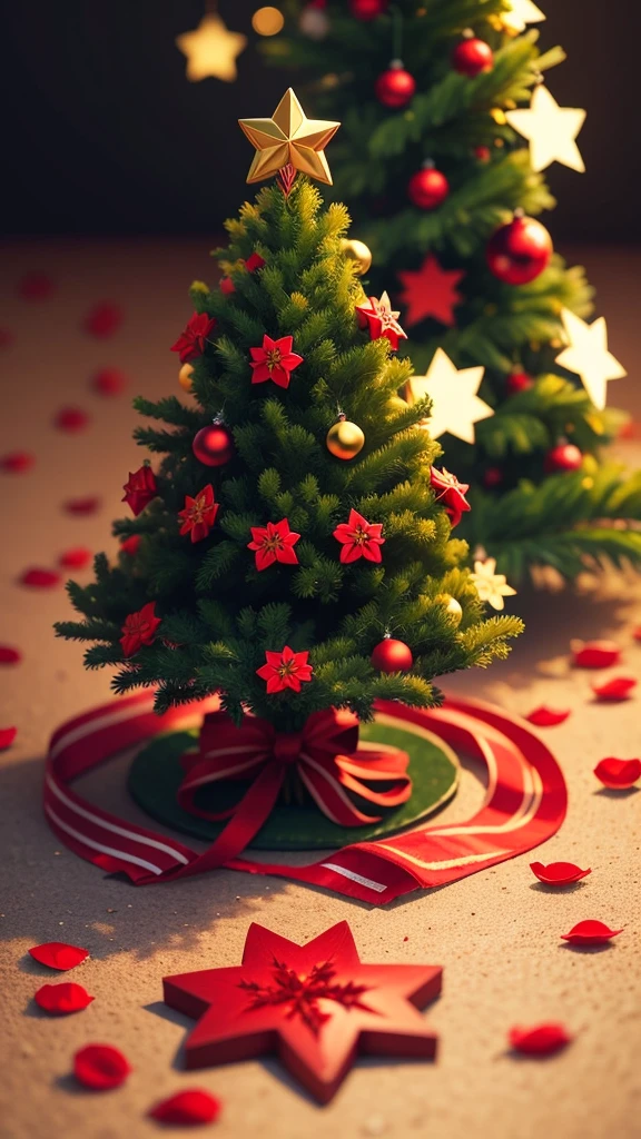 Create a high-quality photo, original, of a small Christmas tree decorated with golden stars and below the tree many red petals scattered on the ground.