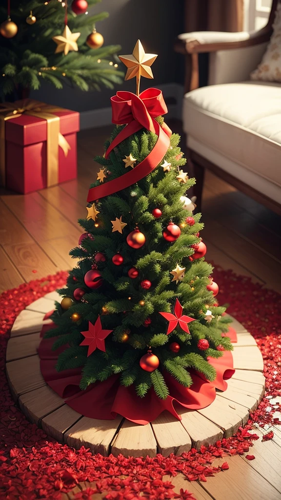 Create a high-quality photo, original, of a small Christmas tree decorated with golden stars and below the tree many red petals scattered on the ground.