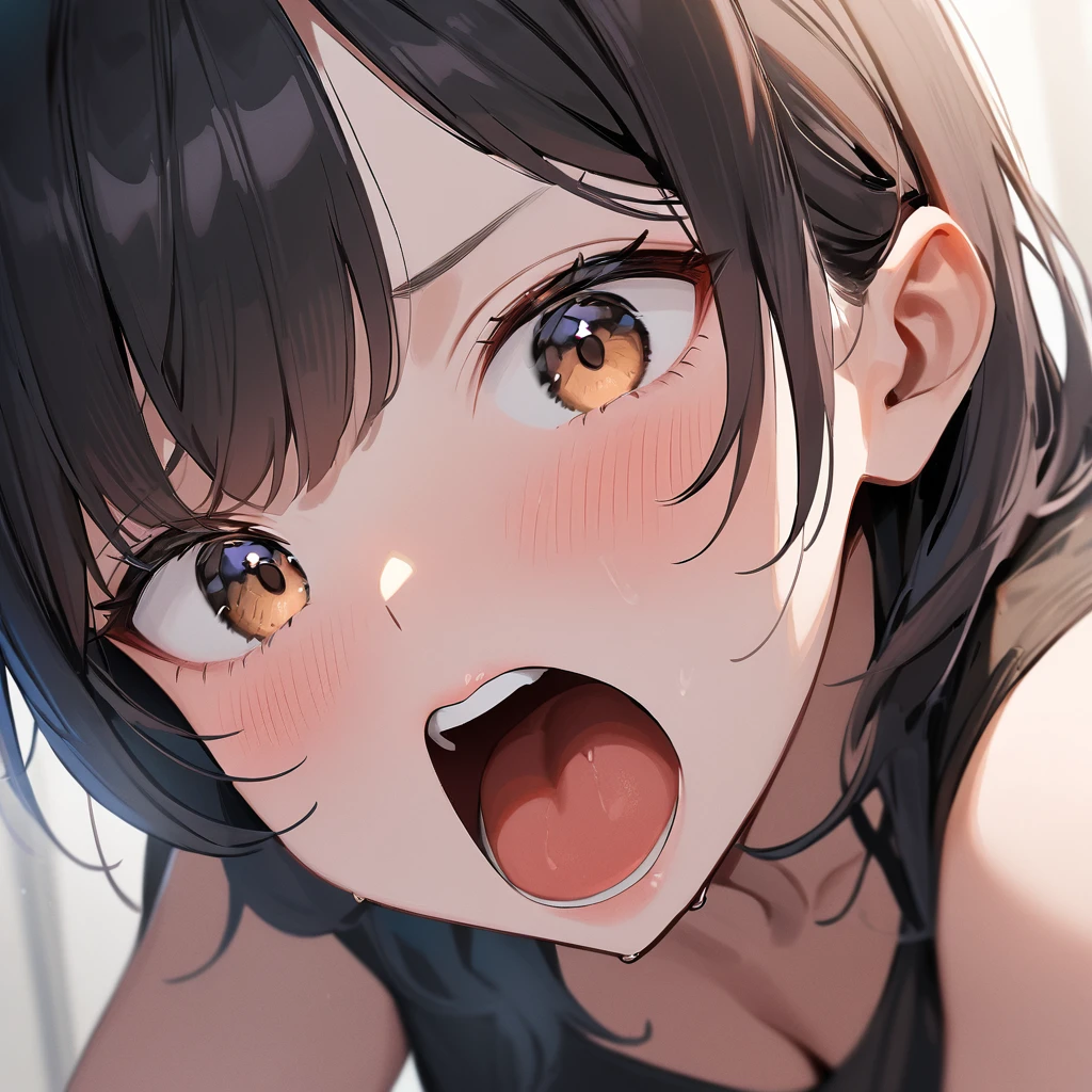 nsfw,1 girl,Solo,hair,(black hair:1),uvula,portrait,masterpiece, best quality, very aesthetic, absurdres,looking at viewer,split,(Black clothing),pov,open mouth,White Breath,shiny,gloss,heavy_breathing