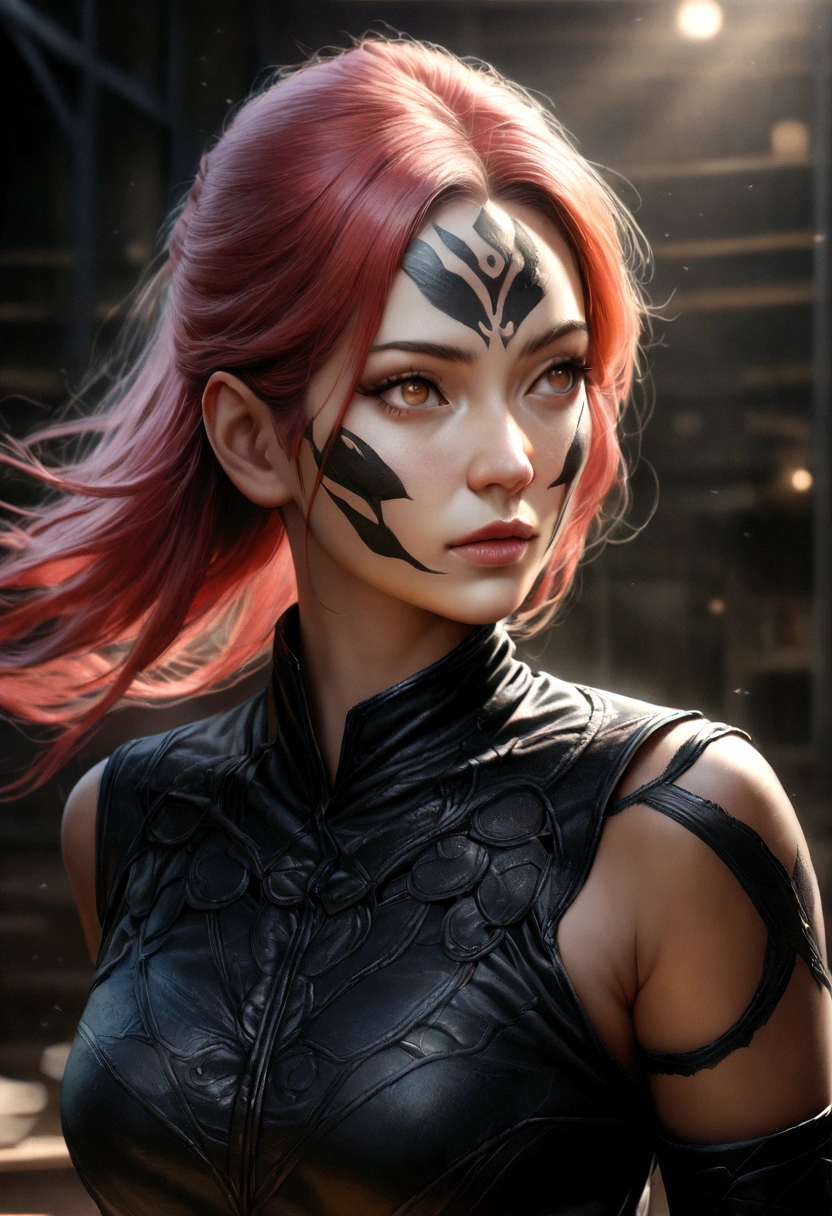 a beautiful anime girl with light red hair and bright golden eyes, wearing the jujutsu kaisen , her left arm partially covered in black markings, intricate details, dynamic pose, highly detailed, photorealistic, 8k, (best quality, masterpiece:1.2), (realistic, photo-realistic:1.37), (extremely detailed  features:1.4), vivid colors, cinematic lighting, dramatic atmosphere, fantasy art style