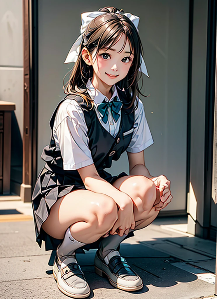 (Realistic, photo Realistic:1.2), ((Highest quality)), Shift the center of gravity backwards, Quite embarrassing, White panties, (Showing panties:1.4),タイトskirt, (Panty shot:1.3), (skirtをまくり上げる:1.3), (Squat:1.4), (Spreading pussy:1.2), Place your heels on the ground, Spread your legs, Squat with your knees up, Attach your butt to the ground, brown penny loafers, Beautiful facial details, Real human skin, Gentle expression, Front view, angle From below, Realistic, photoRealistic, cute, skirt, Squat deep on school grounds, cute school girl, Japanの女子高生の制服, Haruka Hirose、Left 4 Dead Arcade、Japan 、Short Bob、Brown Hair、black eye、Mid-breasted、((White short sleeve shirt、Grey bow tie、グレーのチェック柄skirt、プリーツskirt、White High Socks、Brown leather shoes):1.5)、JK Uniform、Frayed uniform、cute女子高生, whole body,smile, 自然なsmile, cutesmile, 魅惑的なsmile, (Looking at the audience:1.2), from before, From below, from the front、White pantiesを見せつけている