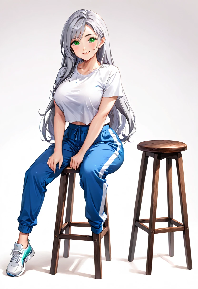 Pretty asian woman, bright silver hair, long hair, green eyes, busty, sweat pants and a white t shirt, cute, sitting on a wooden barstool ,empty background, pretty smile, anime style, full body photo, facing to the right