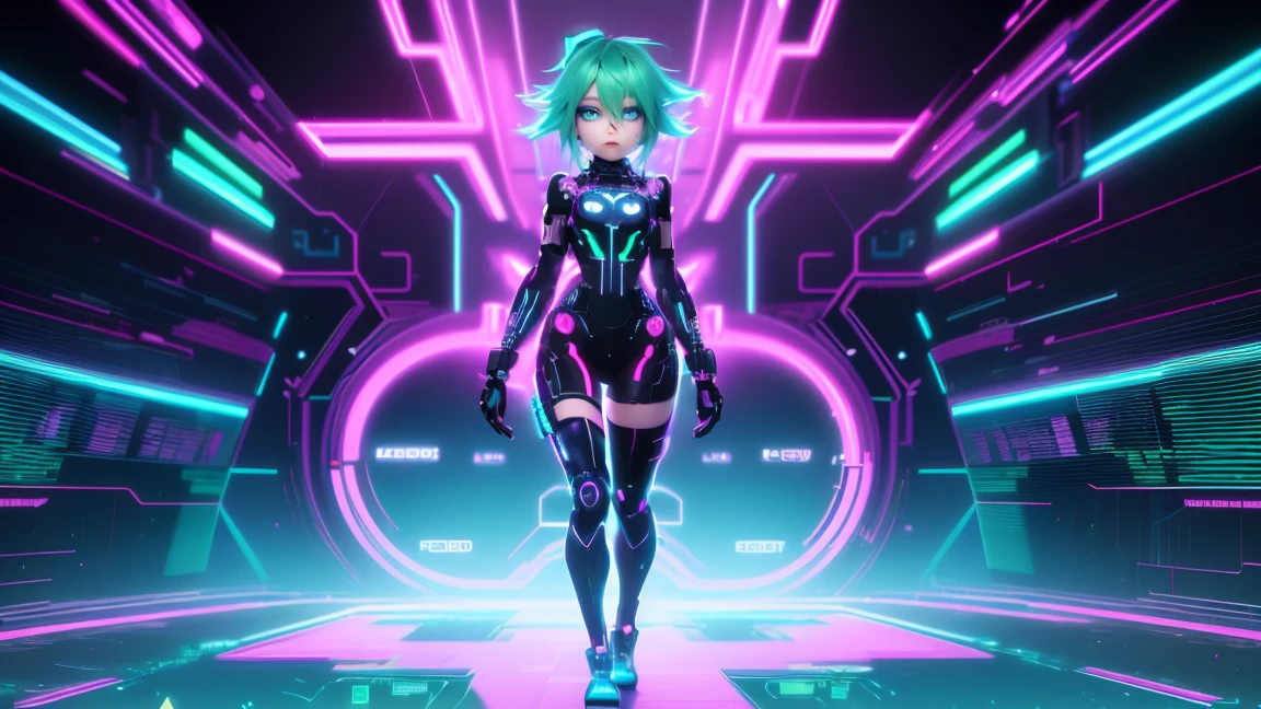 solo, 1girl, full body nude, (electric pink green hair), (electric blue eyes), ((Cyber punk outfit)), (symmetrical eyes), (Perfect face), (Perfect Anatomy), (looking at viewer), (cyber shot), ((Glitch Art background)), (glitch art:1.3) ((glitch effect)), (8k), (HD), (Cinematography)