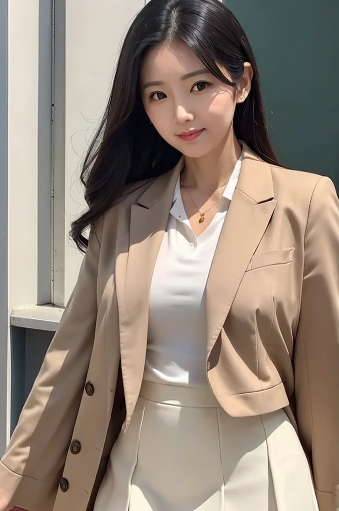 A female teacher, 157cm tall, age 37, with black hair, wearing a beige suit jacket, a white blouse, a white tight skirt and white pumps.