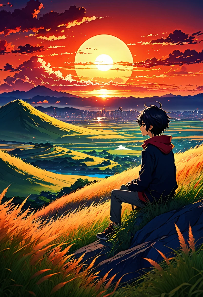 anime landscape of a boy sitting on a hill with grasses, sunset with orange and red hellish clouds, anime nature wallpapers, beautiful anime scene, beautiful anime peace scene, Makoto Shinkai Cyril Rolando, beautiful anime scene, background amazing wallpaper, anime art wallpaper 8k, anime background, art anime background, anime wallpaper 4k, anime art 4k wallpaper, anime art 4k wallpaper,