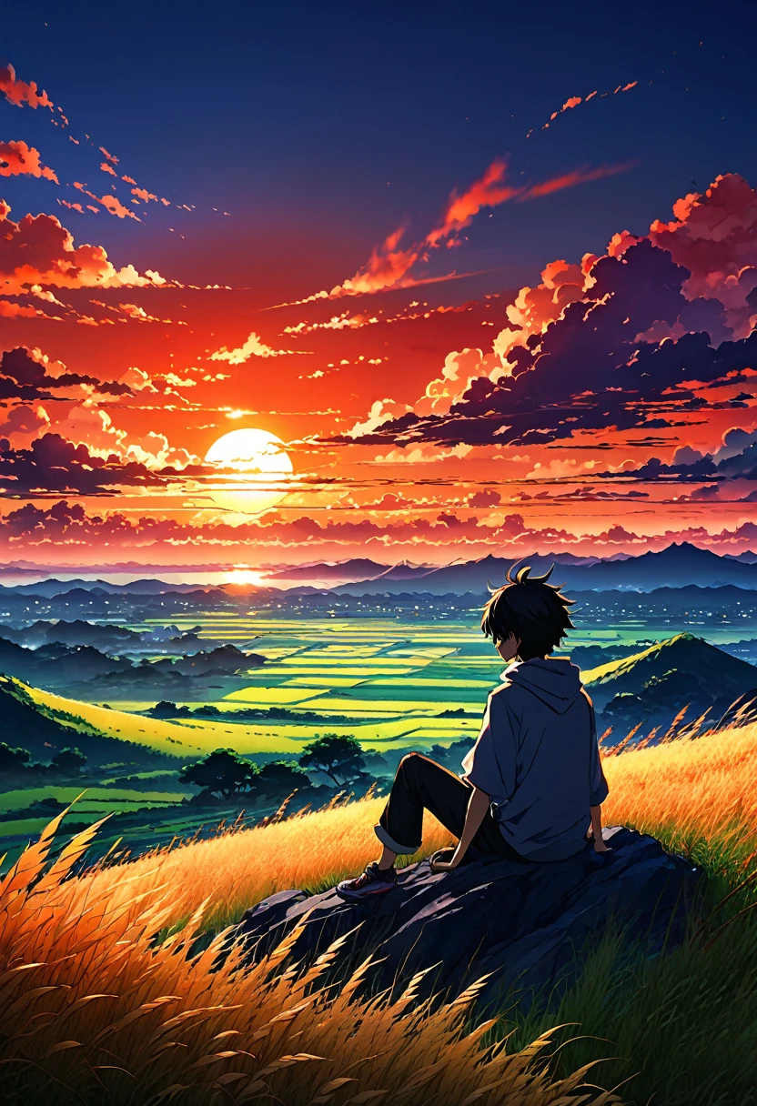 anime landscape of a boy sitting on a hill with grasses, sunset with orange and red hellish clouds, anime nature wallpapers, beautiful anime scene, beautiful anime peace scene, Makoto Shinkai Cyril Rolando, beautiful anime scene, background amazing wallpaper, anime art wallpaper 8k, anime background, art anime background, anime wallpaper 4k, anime art 4k wallpaper, anime art 4k wallpaper,