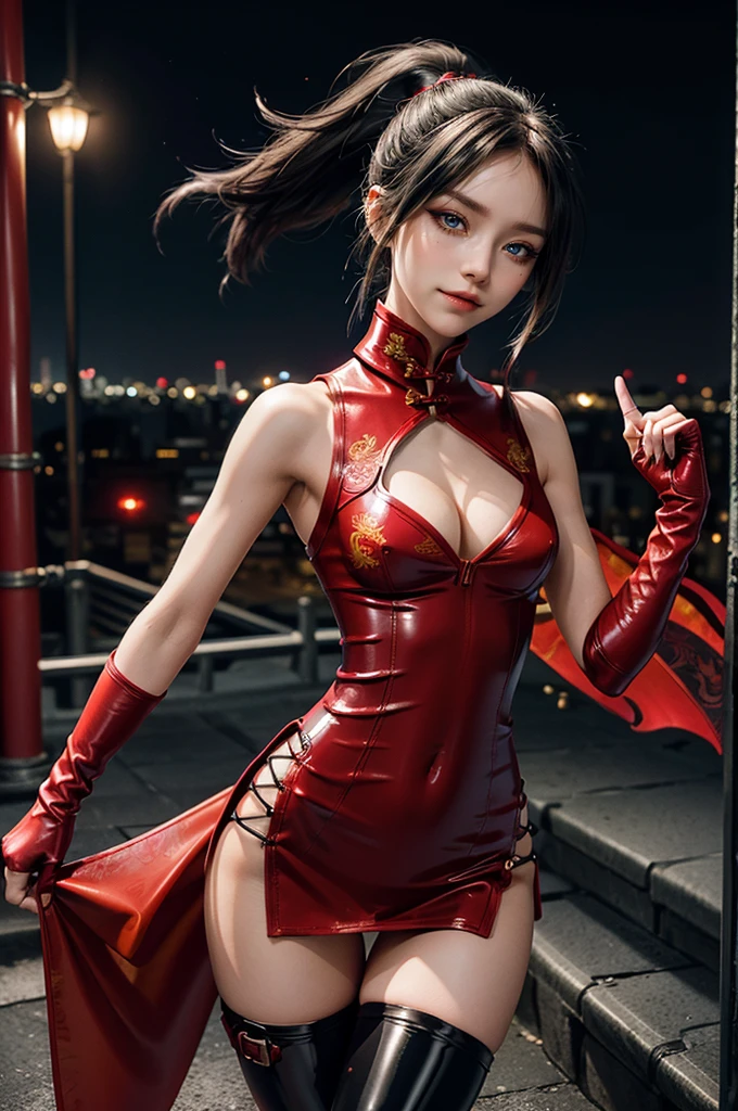 (RAW photo, best quality), Cute girl with short black hair, (ponytail), (city roof at night background), low light , dark eyeliner, cute smile, gorgeous face , super cute, 18 years old , young looking, hyper detailed face, dark eyeliner, (medium breast), (thin waist, super slender), (bare shoulders, (exposed hips), skintight and red PVC qipao china dress with yellow dragon decoration and vivid patterns, deep black leather thigh high boots, ((red PVC fingerless gloves)), cleavage, ((both hands on waist)), one leg in front of the other, (((small navel exposure))), (thigh belt)