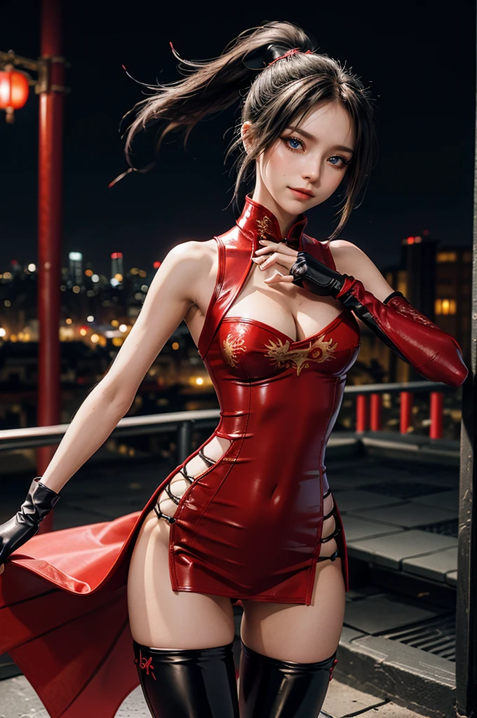 (RAW photo, best quality), Cute girl with short black hair, (ponytail), (city roof at night background), low light , dark eyeliner, cute smile, gorgeous face , super cute, 18 years old , young looking, hyper detailed face, dark eyeliner, (medium breast), (thin waist, super slender), (bare shoulders, (exposed hips), skintight and red PVC qipao china dress with yellow dragon decoration and vivid patterns, deep black leather thigh high boots, ((red PVC fingerless gloves)), cleavage, ((both hands on waist)), one leg in front of the other, (((small navel exposure))), (thigh belt)